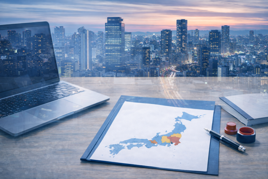 大阪市の行政書士事務所のデスクとビル街を重ねたトップページ用ヘッダー画像
