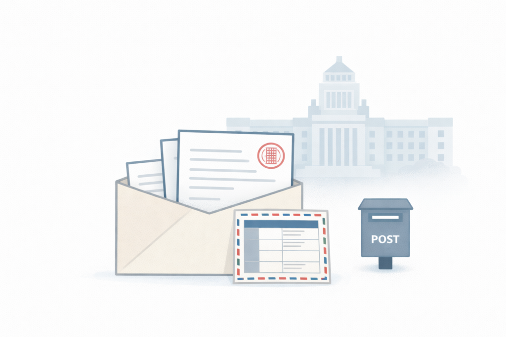 外務省にアポスティーユや公印確認の申請書類を郵送で提出する様子をイメージしたイラスト