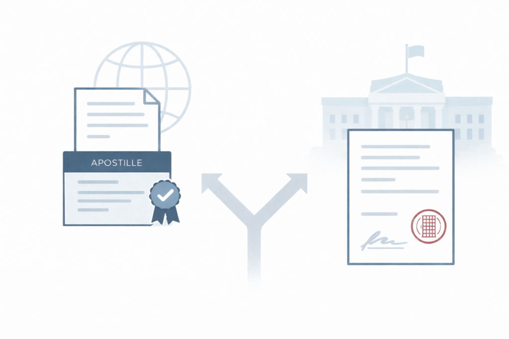 アポスティーユと公印確認を、提出先の国によって手続きが分かれることを示した対比イメージ図