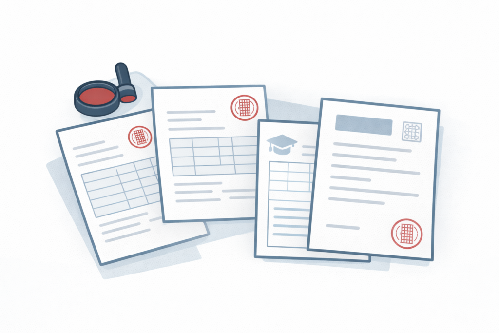 戸籍謄本や住民票、登記事項証明書などアポスティーユや公印確認の対象となる日本の公文書をイメージしたイラスト