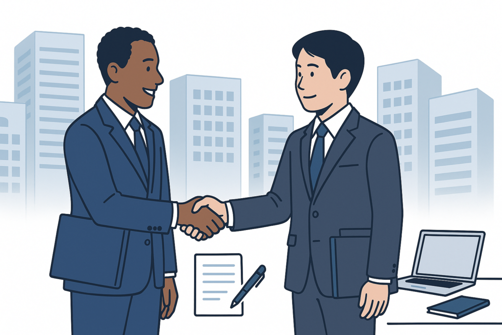 就労資格証明書によって在留資格と仕事の内容が確認され、安心して働く外国人ビジネスパーソンと日本企業の担当者のイメージ