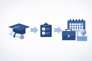 在留資格「留学」から就労資格への変更申請で、12月〜1月の早期申請を呼びかける案内イメージ