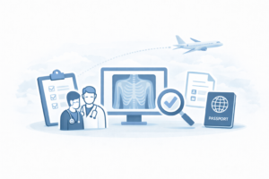 JPETS（入国前結核スクリーニング）の手続きと結核非発病証明書提出を示すイメージ