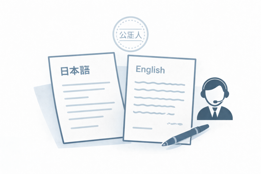 日本語の公文書を外国語に翻訳し、公証を受けるイメージを表現したイラスト