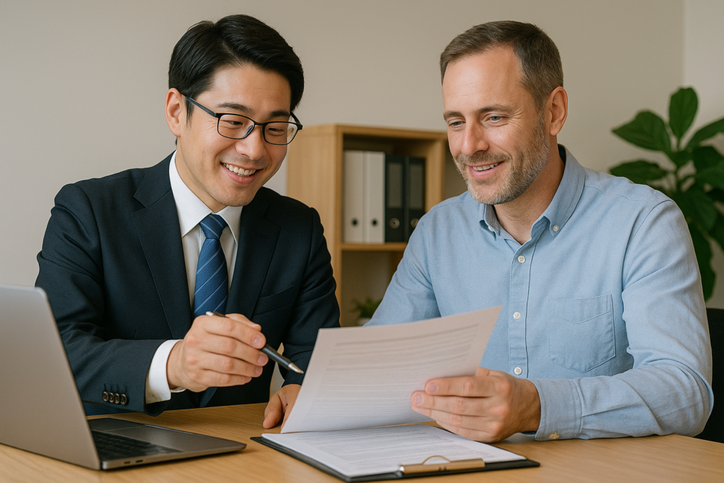 行政書士と外国人の方が永住許可申請について面談している様子
